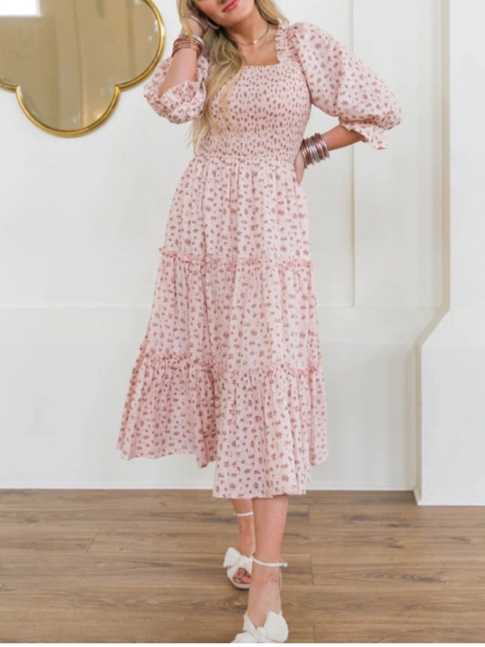 Ivy City Co Madeline Tiered Smocked Floral Midi Dress Size Medium M Pink Cottage